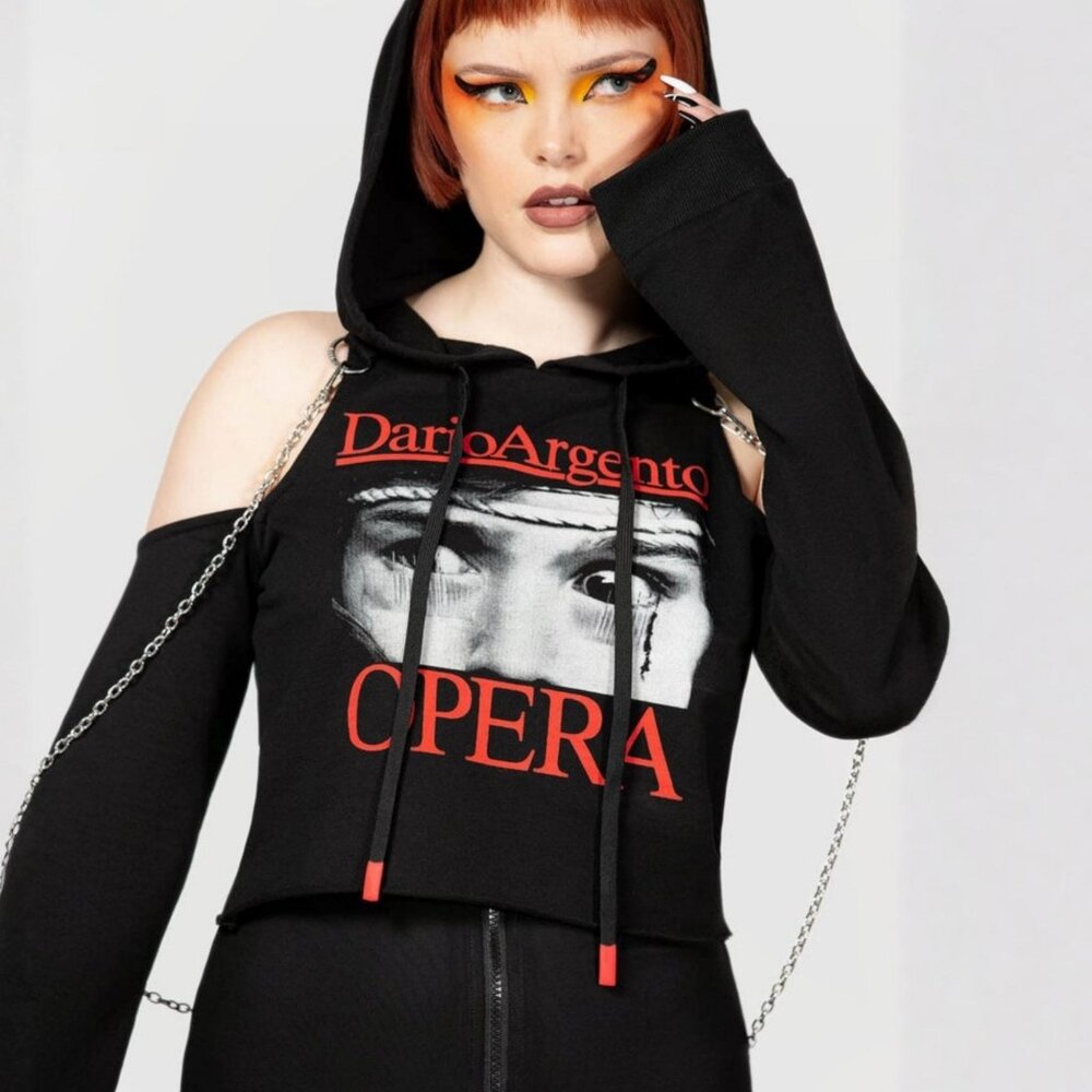 KILLSTAR ✦ Opera Crop Hoodie ✦ Dario Argento Eyes Graphic Cold Shoulder Gothic